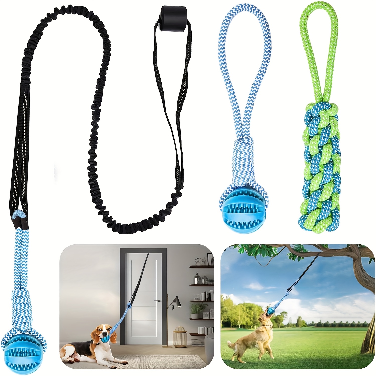 TEMU Dog Bungee Toy, Interactive Dog Tug Of Set With Tether, Rope And Ball, Tree Hanging Toy With 2 Chew Ropes, Puzzle Ball For Chewing, Outdoor Spring Pole Ropes, For Small/medium Dogs
