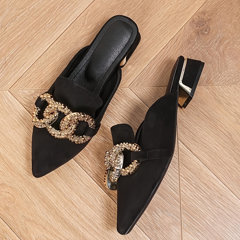 Women's Pointed Toe Slip-On Mules with Metal Buckle