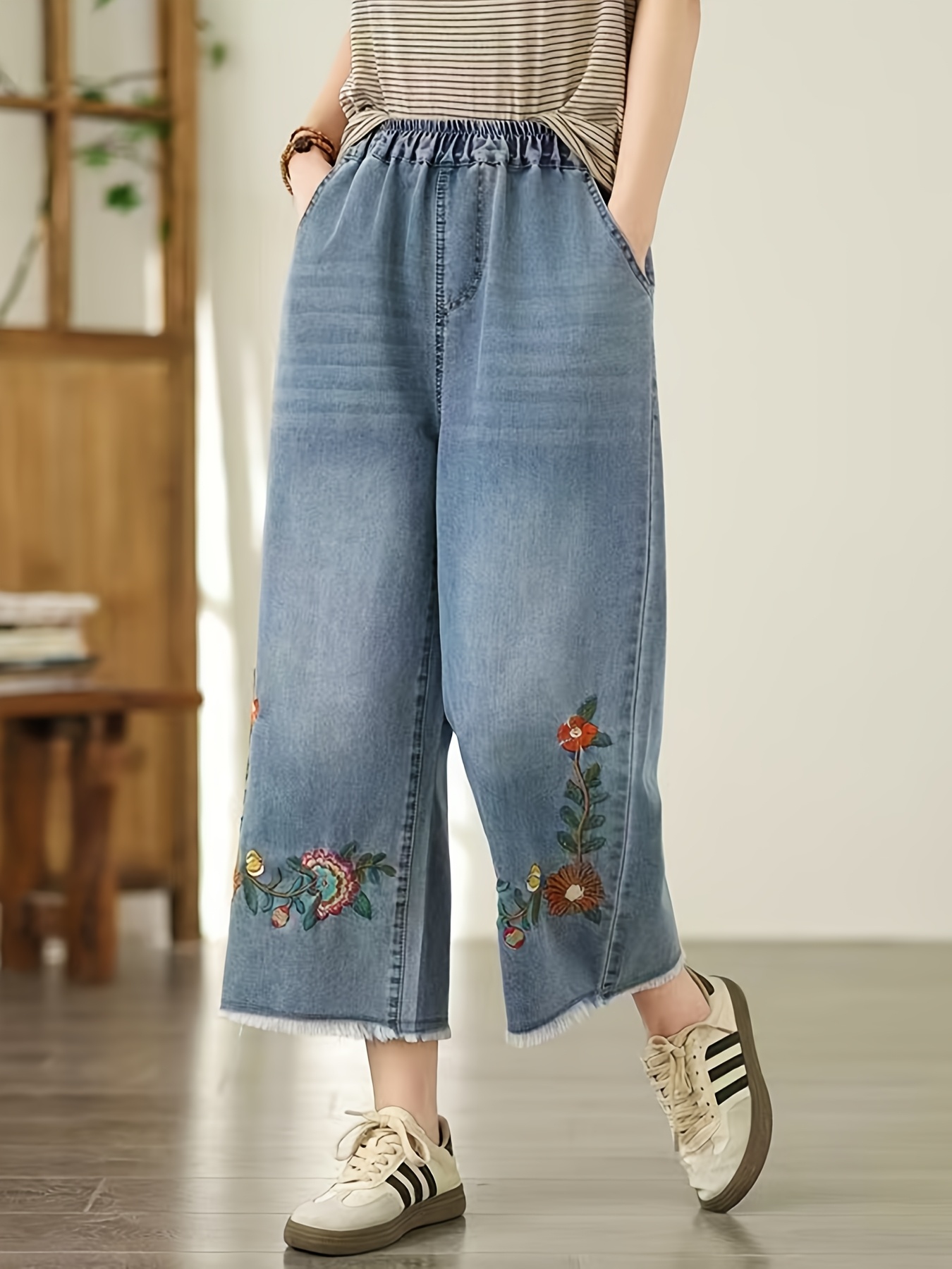women's vintage embroidered wide leg jeans high waist non women's vintage embroidered wide leg jeans high waist non