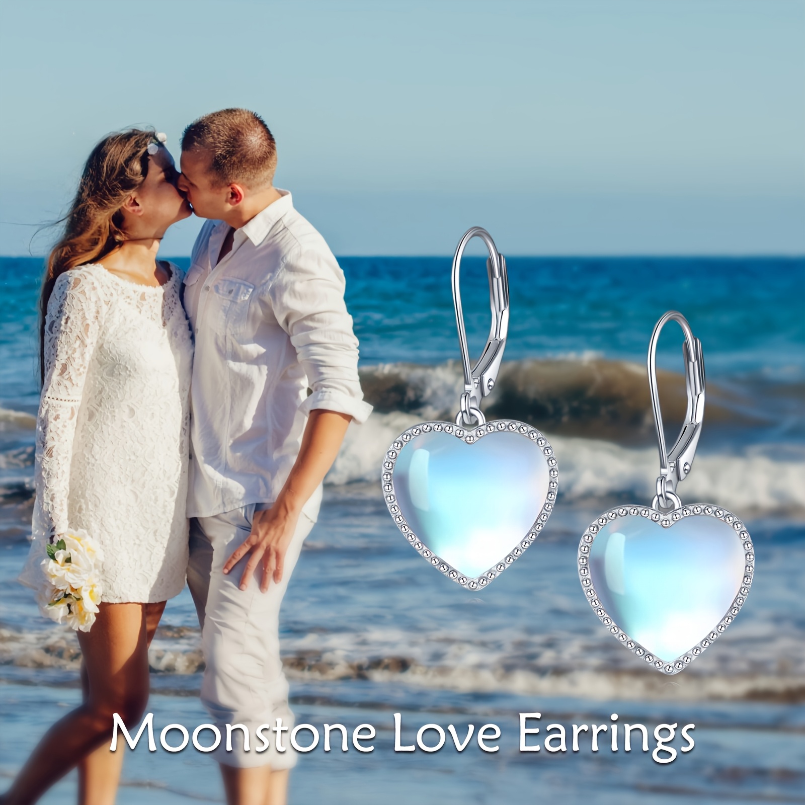 Heart-Shaped Moonstone Earrings, Summer Ocean Series