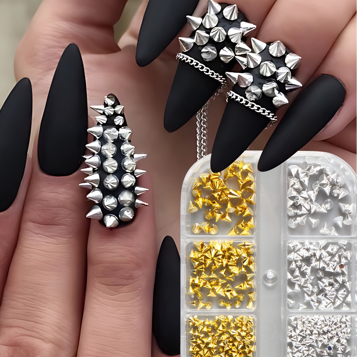 SUPVOX 100pcs 10mm Acrilico Spike Cono Borchie, Perline, Cucire, Colla, Indumenti Fai Da Te, Borse Scarpe Abbellimento (nero - Foto 9