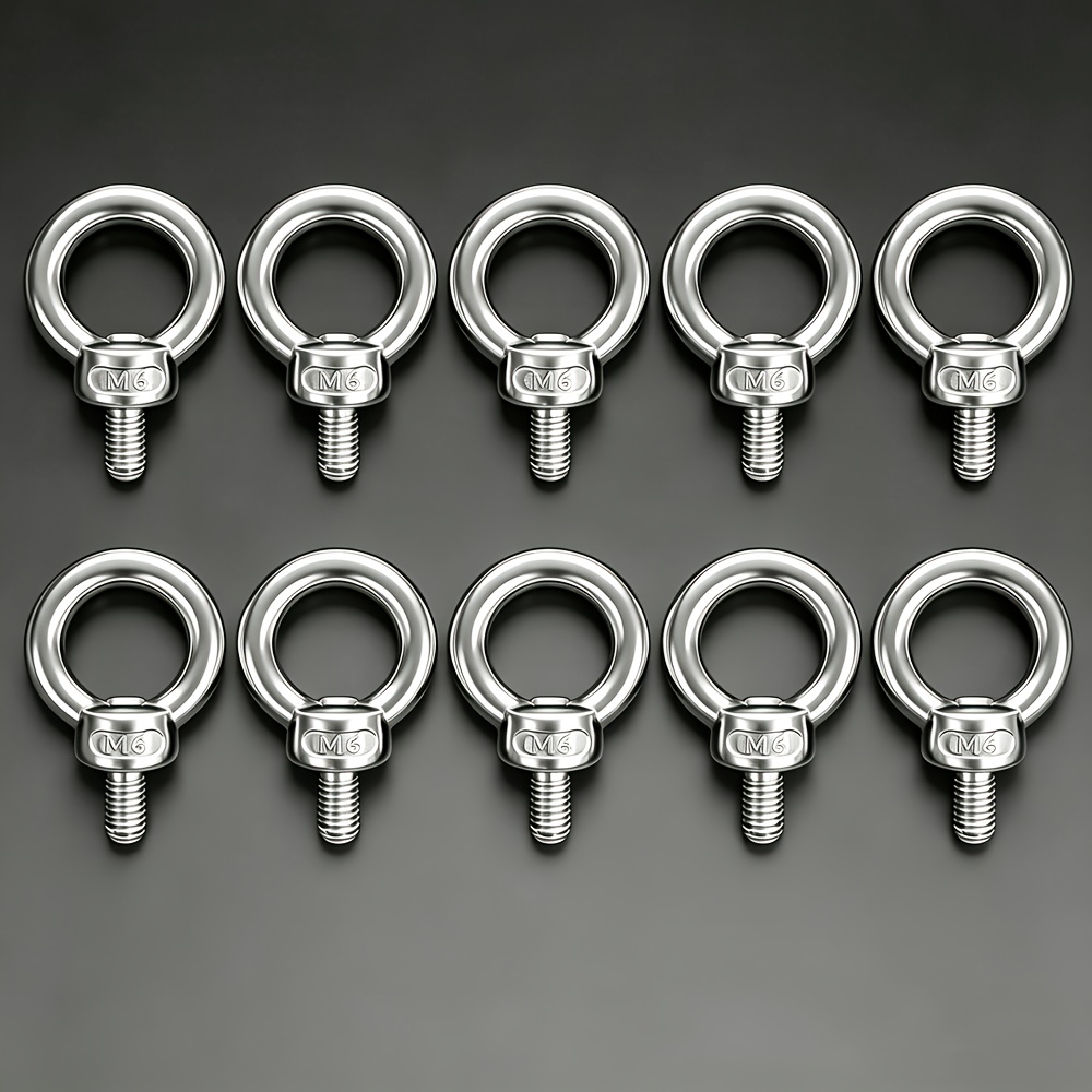 TEMU 10pcs 304 Stainless Steel M6 Round Threaded Eye Bolts, Heavy-duty Threaded Mechanical Shoulder Eye Bolts, Hardware Ring Eye Bolts For Nut