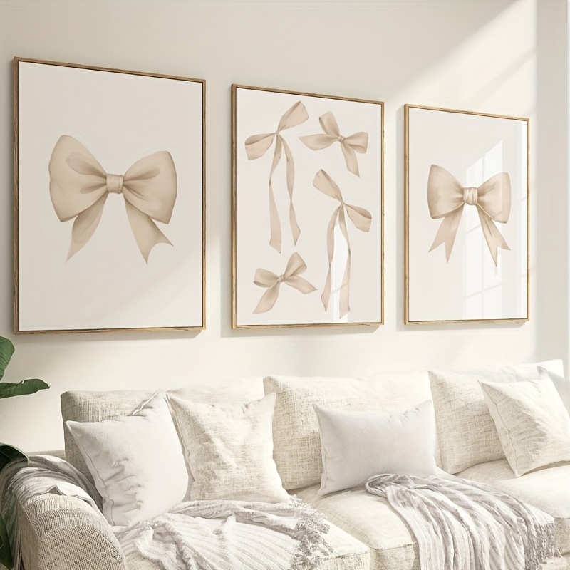 

3pcs Beige Bow Pastel Poster Canvas Print Wall Art For Apartment Living Room Bedroom Decoration Thanksgiving Day Gifts