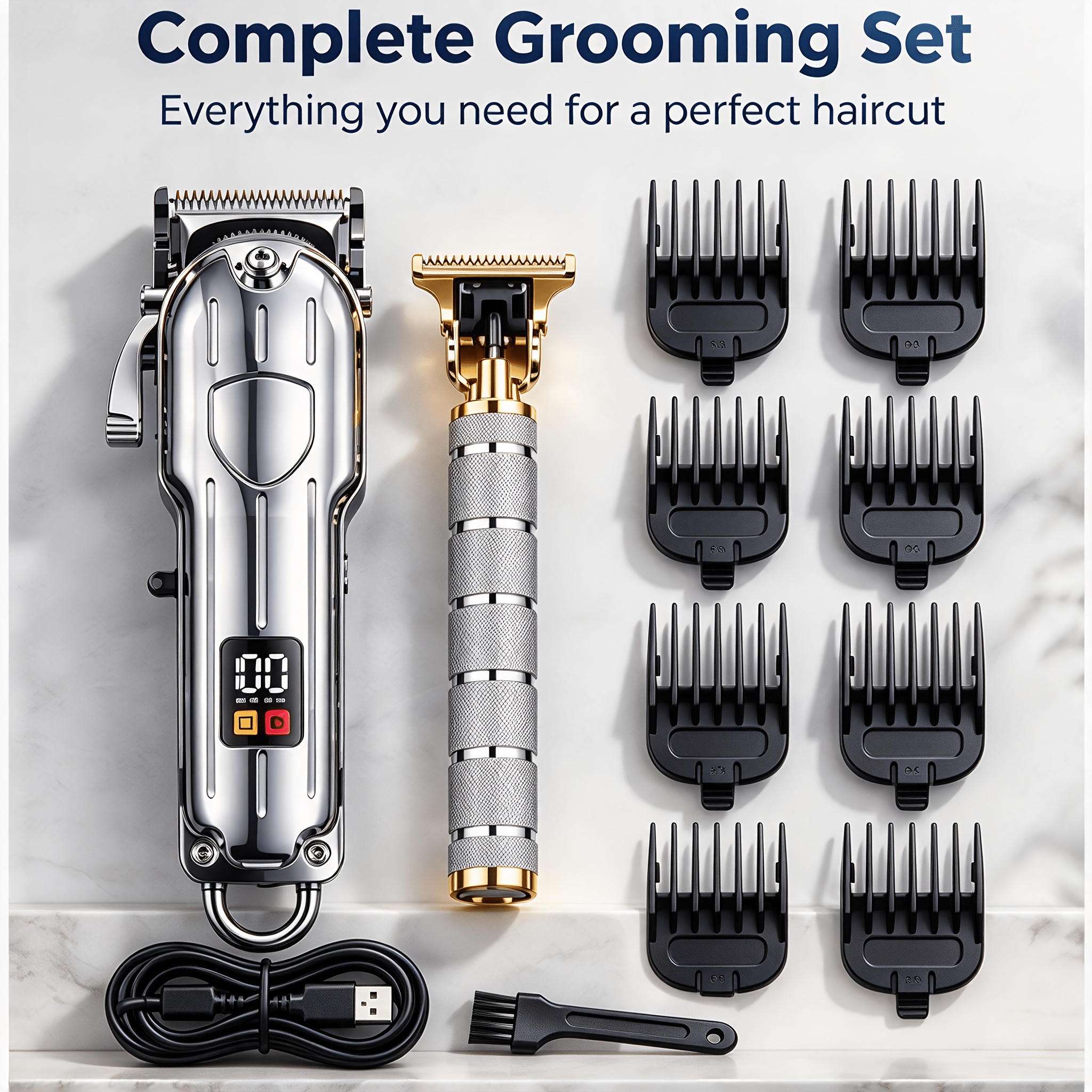 TEMU Tondeuse à cheveux fil et barbe pour hommes, ensemble de toilettage professionnel rechargeable avec écran LED, rasoir et peignes de , brosse de