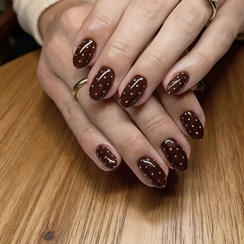 TEMU Celebrity Wearable Nail Tips, 24pcs Short Almond-shaped Press-on Nails, Solid Color, Versatile For Autumn/winter, Polka Dot Vintage Elegant