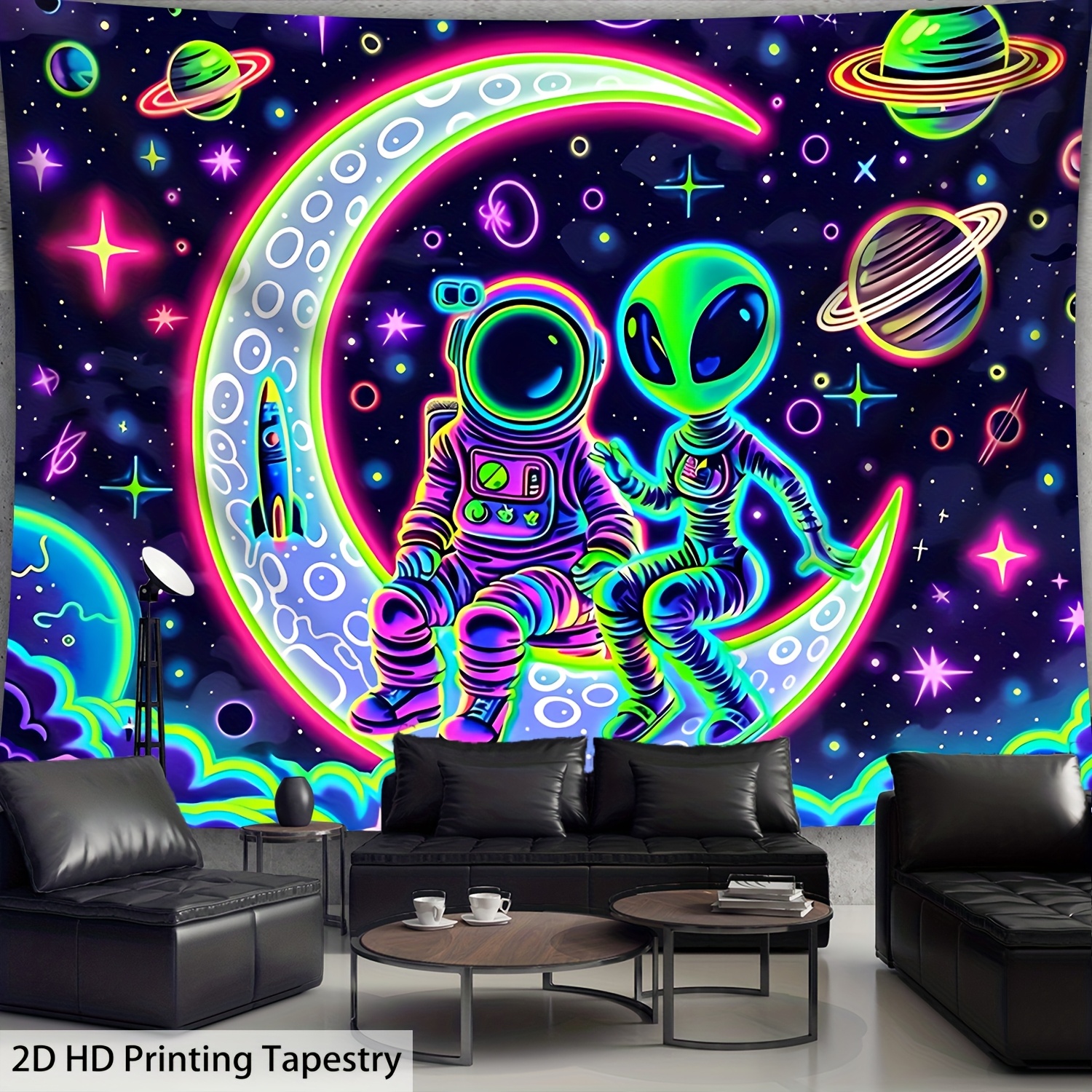 TEMU 2d Flat, [ 2d Flat Printing] Uv Black Light Reactive Astronaut And Tapestry- Neon Space Stars, Moon And Planets Wall Hanging, Suitable For