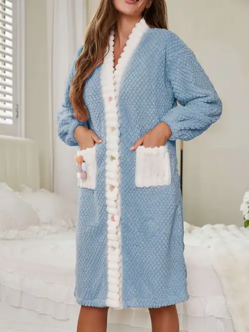 Autumn Winter Fleece Thickened Pajamas Contrast Trim Long Style with Pockets Cute Appliqu Round Grain 3D Texture Warm Contrast * Button * Casual Pajamas Robe Autumn Winter Fleece Thickened Pajamas Contrast Trim Long Style with Pockets Cute Appliqu Round Grain 3D Texture Warm Contrast * Button * Casual Pajamas Robe