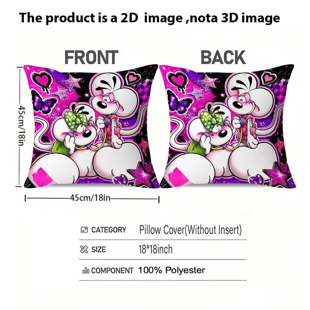 TEMU 2d Flat 1pc Fashionable Home Decor Pink-purple Starry Sky Heart-shaped Cartoon Couple Mouse Themed Design Digital Hd Printed Square Pillowcase,