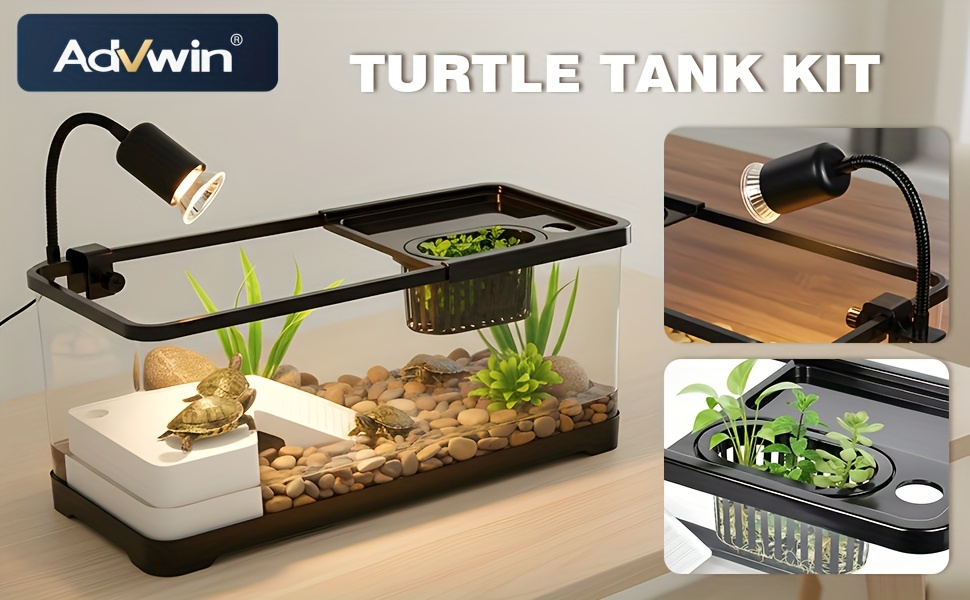 Advwin Turtle Tank Kit with Basking Lamp Non-Slip Stairs - Suitable for Small Turtles Fish Shrimp Reptiles