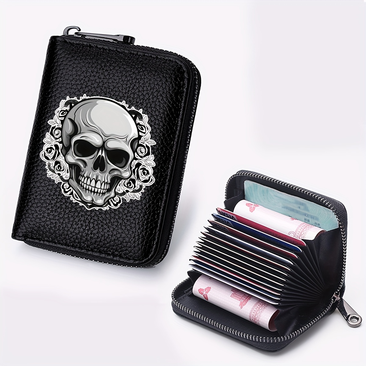 

Gothic Skull And Floral Print Wallet, Multifunctional Card Holder, Zipper Coin Purse, Unique Gift For Independence Day & Halloween