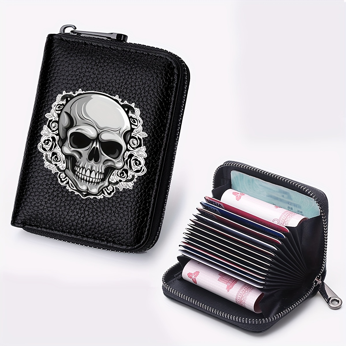 

Gothic Skull Floral Print Wallet With Card Holder, Leather, Zip Closure - And Halloween Gifts