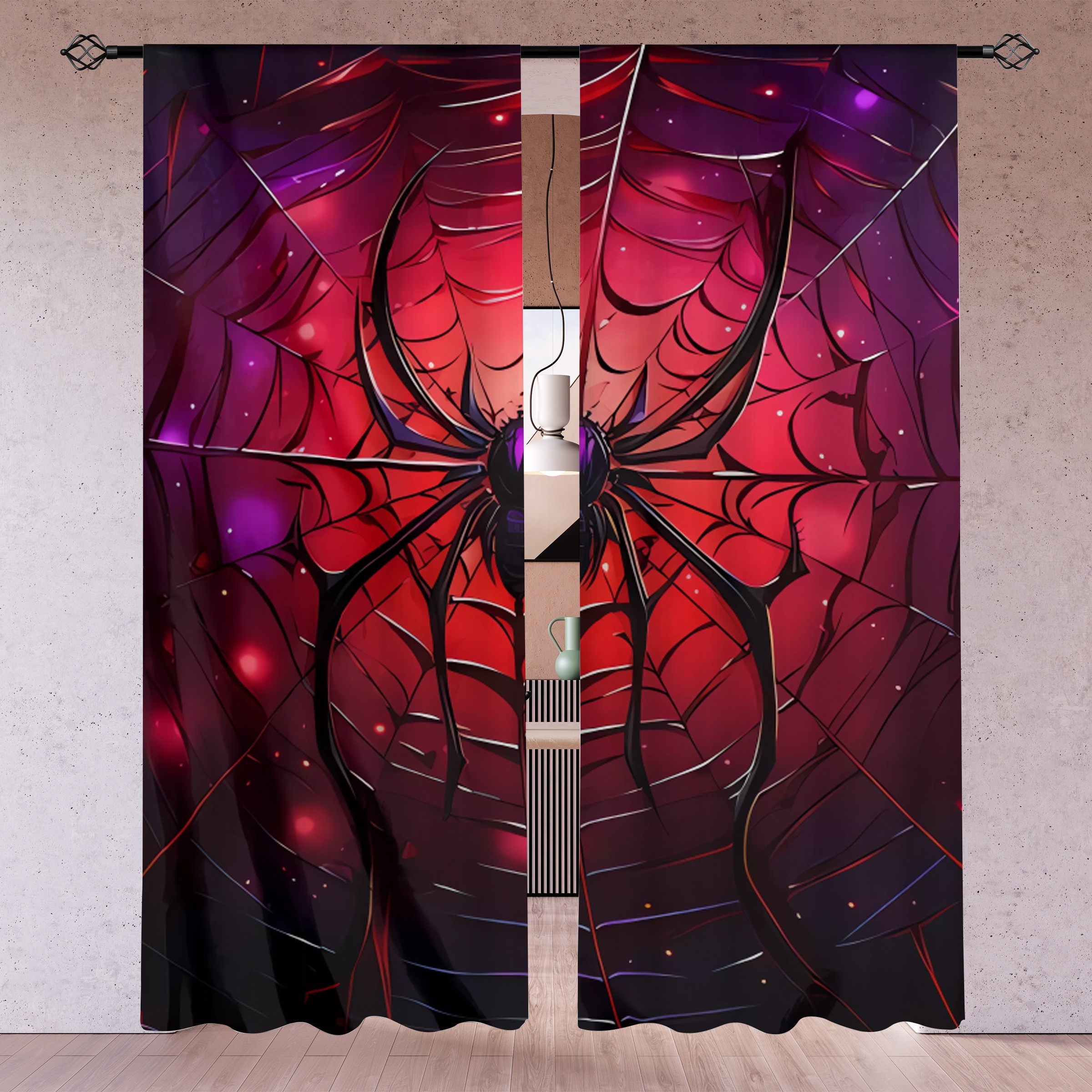 

2pcs, Red Bottom Spider Printed Translucent Curtains, Multi-scene Polyester Rod Pocket Decorative Curtains For Living Room Playroom Bedroom Home Decor Party Supplies