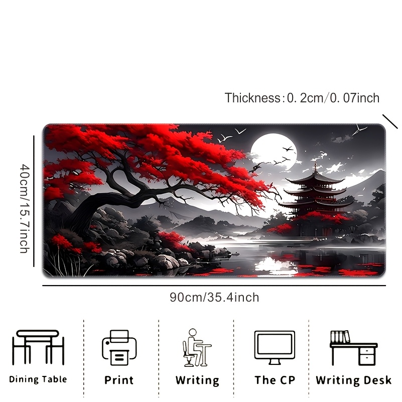 1pc Large Red Fire Style Mouse Pad - Non-Slip, Washable, Vibrant Red & Design with Japanese-Inspired Landscape, Perfect for Halloween & Christmas Gifts