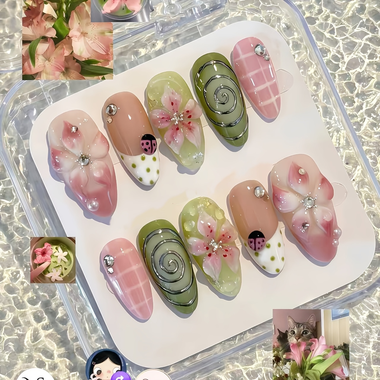TEMU 10 uñas postizas almendradas medianas y largas, diseño de jardín verano, 3D, , plateada, rosa, cuadros verdes, verdes, de perla, dulces,