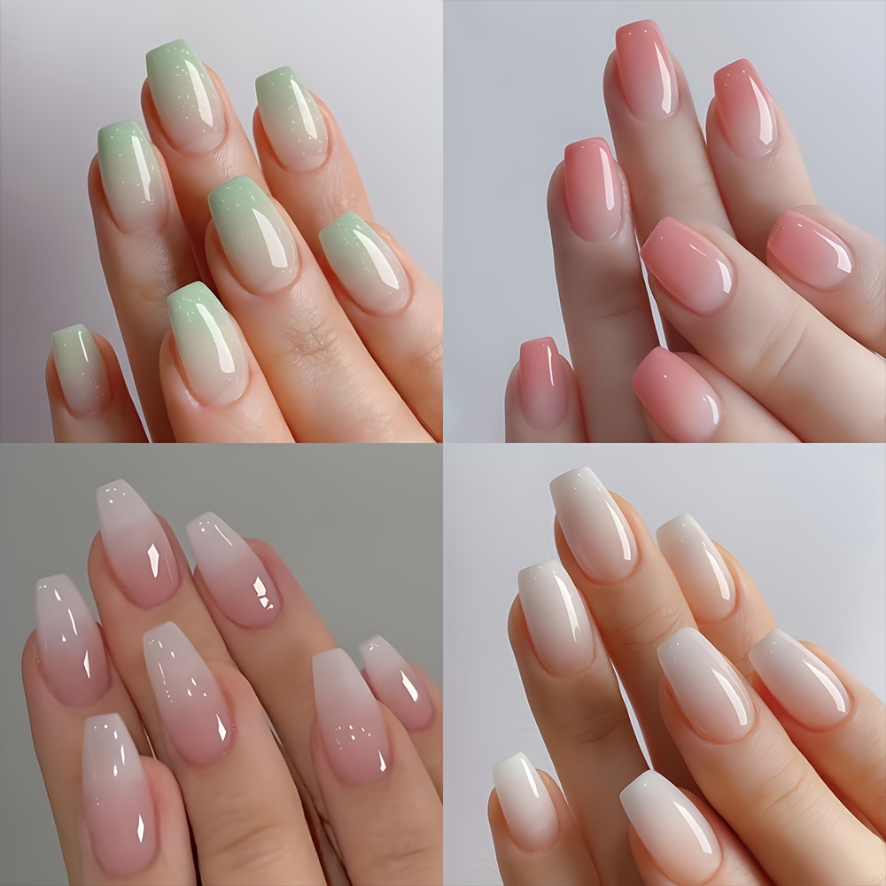 

Ensemble de 4 Faux Ongles Press-On Brillants en Dégradé Rose & Vert - 96Pcs Forme Courte de Cercueil, Faux Ongles Complets pour Femmes