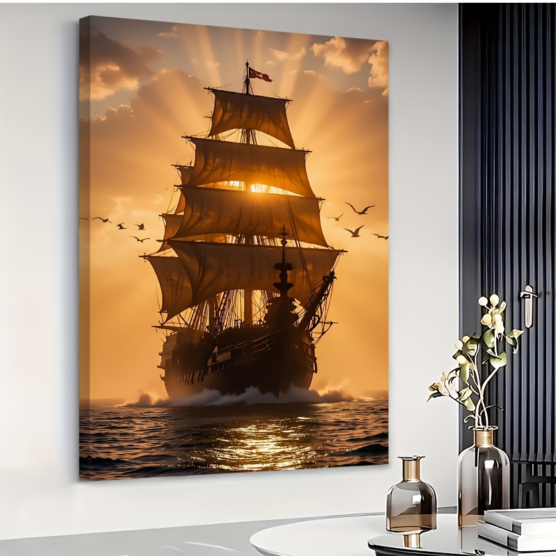 TEMU Modern Nautical Sailing Ship Oil Painting Wall - Solid Wood Framed Canvas Maritime Sunset Decor Suitable For Living Room, -standing Or Hanging,