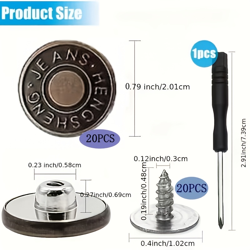 E-shop 41-teiliges Set: 20 Knöpfe + 20 Schrauben + 1 Schraubendreher. Bronze Metall Jeansknöpfe, 17 mm nahtloses Ersatz- Reparaturset, inklusive