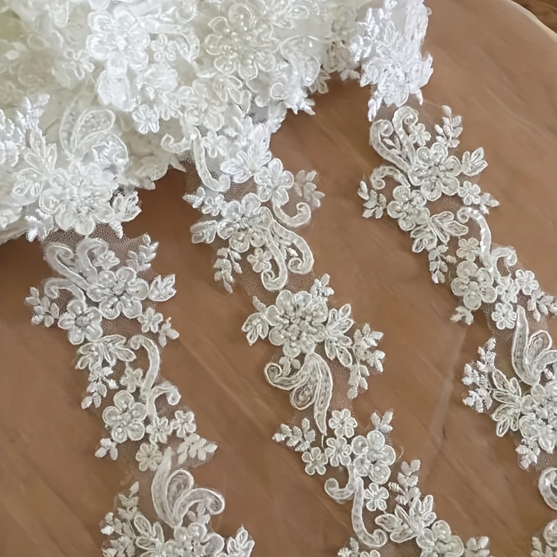 

White Sequin Beaded Lace Trim Embellishment For Bridal Gowns - Elegant Floral Applique Lace Ribbon For Wedding Dress Decor - 1 Yard