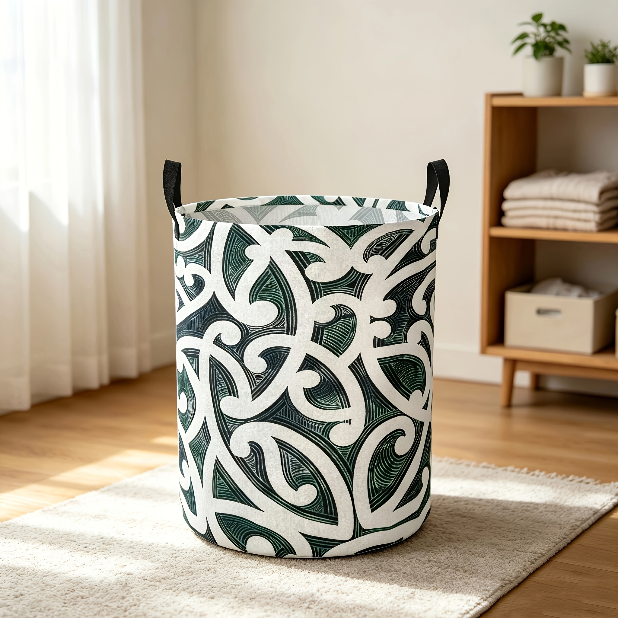 TEMU 1pc Maori Pattern Laundry Basket With Maori Tribal - Large Round Foldable Hamper Suitable For Room, Dorm,, Portable Clothes Storage Basket,