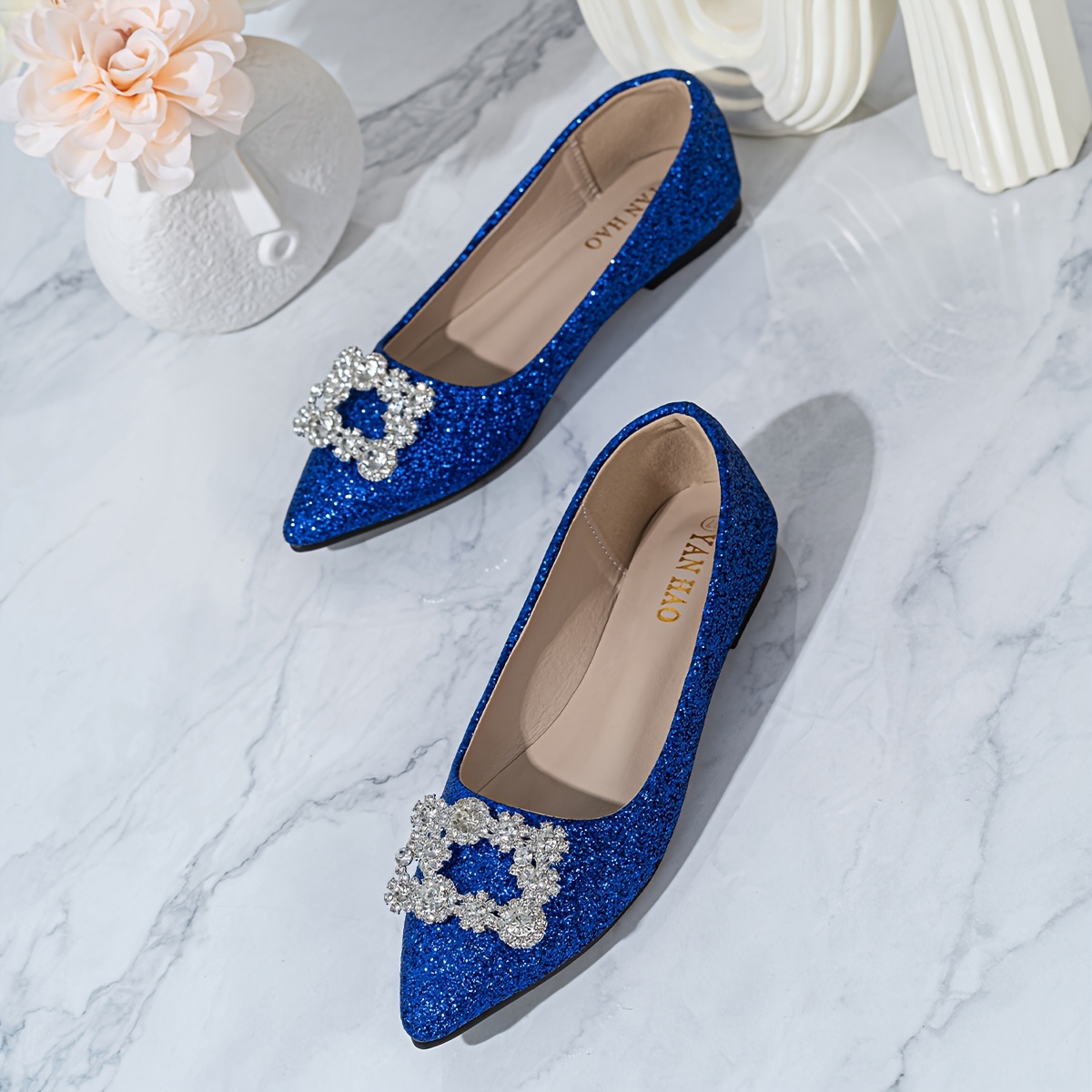 

Women's Rhinestone Buckle Decor Flats, Fashion Sequins Pointed Toe Slip On Shoes, All-match Evening Dress Flats For Music Festival