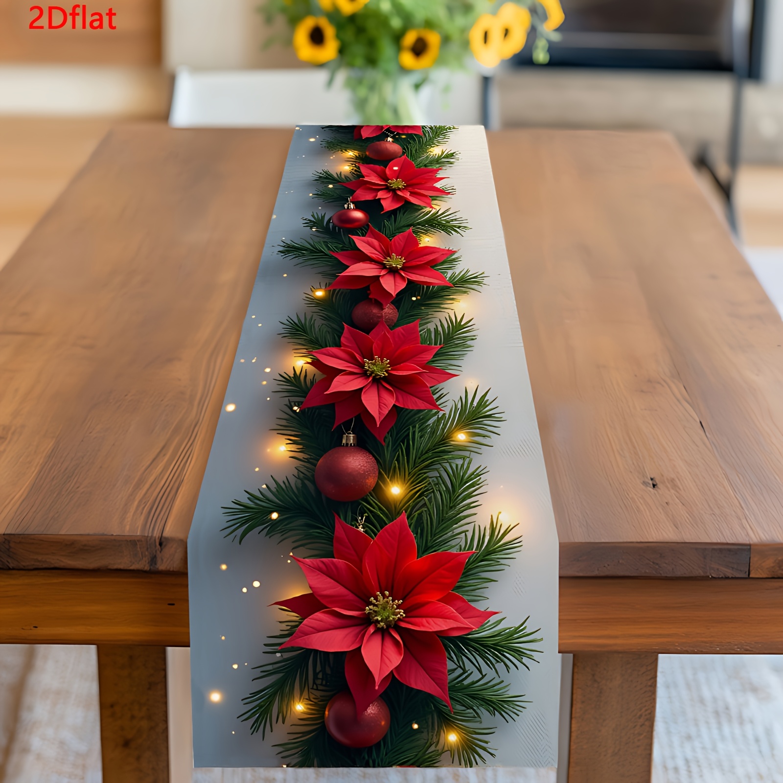 1pc 2d Flat Christmas Table Runner - Red Embellished Flowers And Sparkling Balls, Home, Kitchen, Dining Room, Table Accessory, Tableware, Tablecloth, Festive Table Decor For Christmas Table Decoration