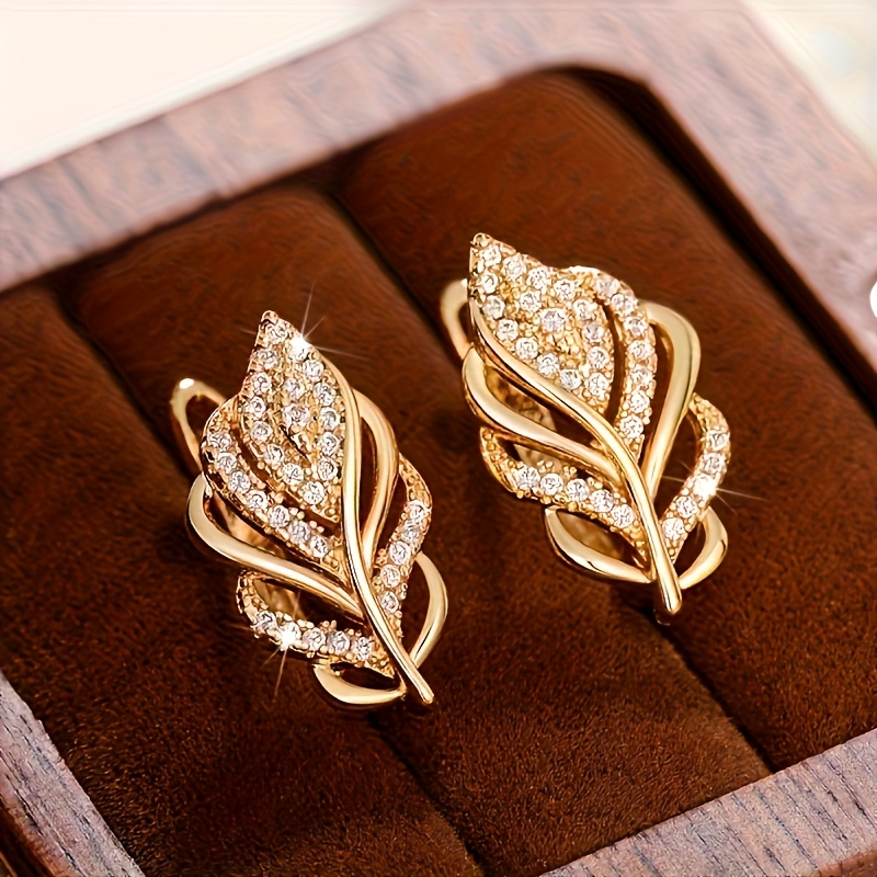 Image of Leaf-inlaid Synthetic Zirconia Ring Earrings For - Wedding, Party, Vacation Casual High-quality Jewelry Accessories, For Teenager