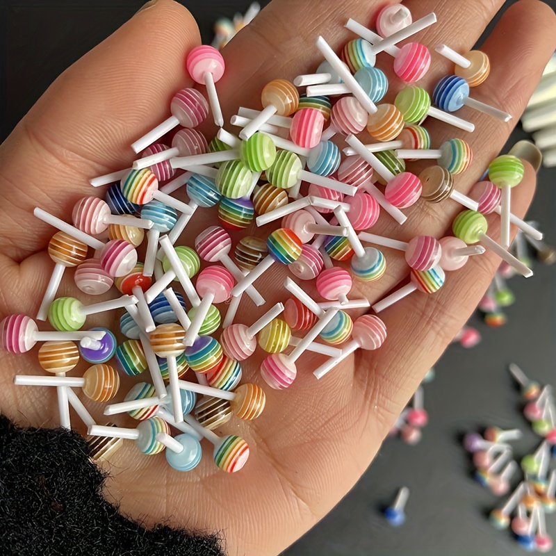 

100pcs Colorful Lollipop 3d Resin Nail Charms - Spring/summer Striped Designs For Diy Manicure & Phone Case Decor, Odorless Accessories For Women And Girls