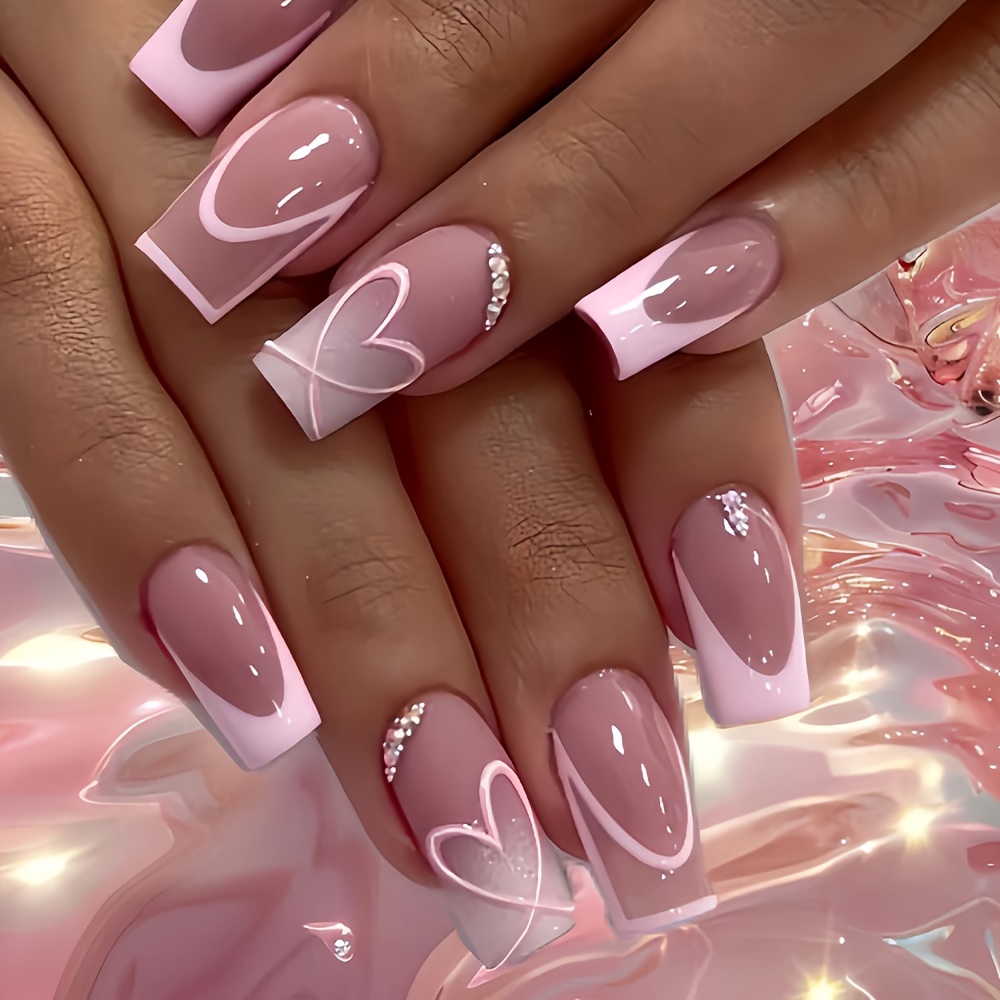 Image of 24pcs Star-wear Nail Extensions | Pink Square-shaped French Nails With Heart Patterns, Glossy End, Valentine's Day Design, Detachable With Glue And File Included