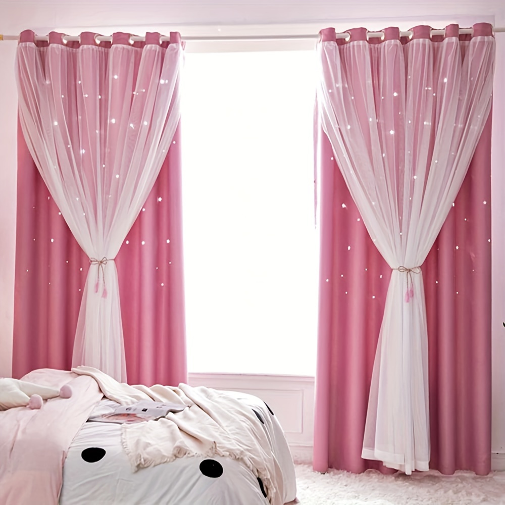 2pcs Stars Cutout Blackout Curtains With Tulle Layers Grommet Window Panels For Bedroom Living Room Decor Wall Home, Pink