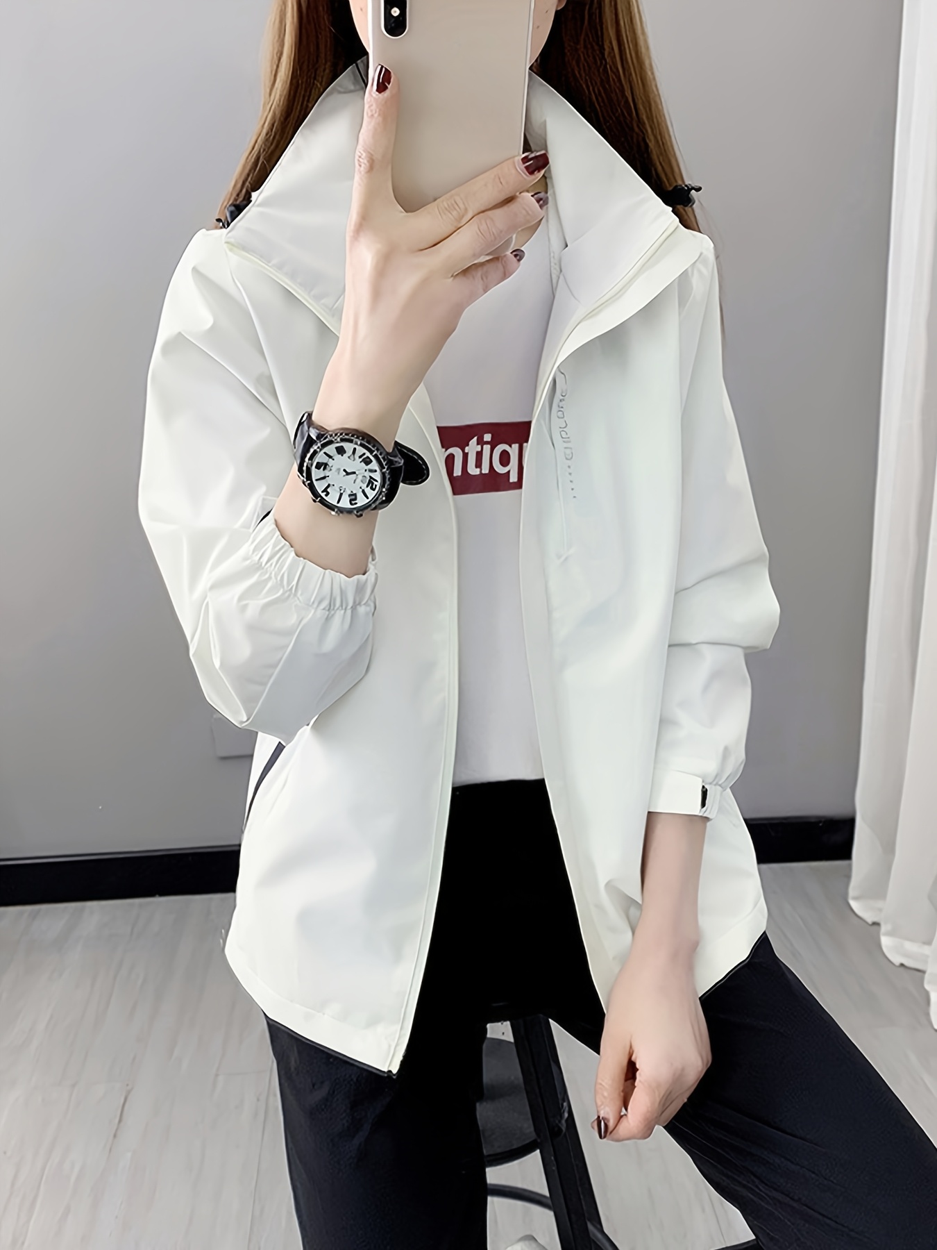 Chaqueta para mujer resistente al viento con capucha desmontable y bolsillos con cremalleras, ideal para senderismo y pesca en todas las estaciones, puños ajustables, color rosa vibrante con detalles en negro, equipo de senderismo - Imagen 2