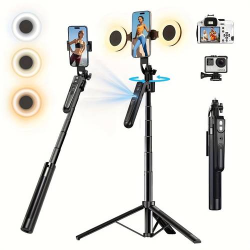 a tripod with tracking that rotates 360 featuring a phone holder measuring 70 9 inches and serving as a phone tripod and selfie stick for devices ranging from 4 inches it sensor for vlogging