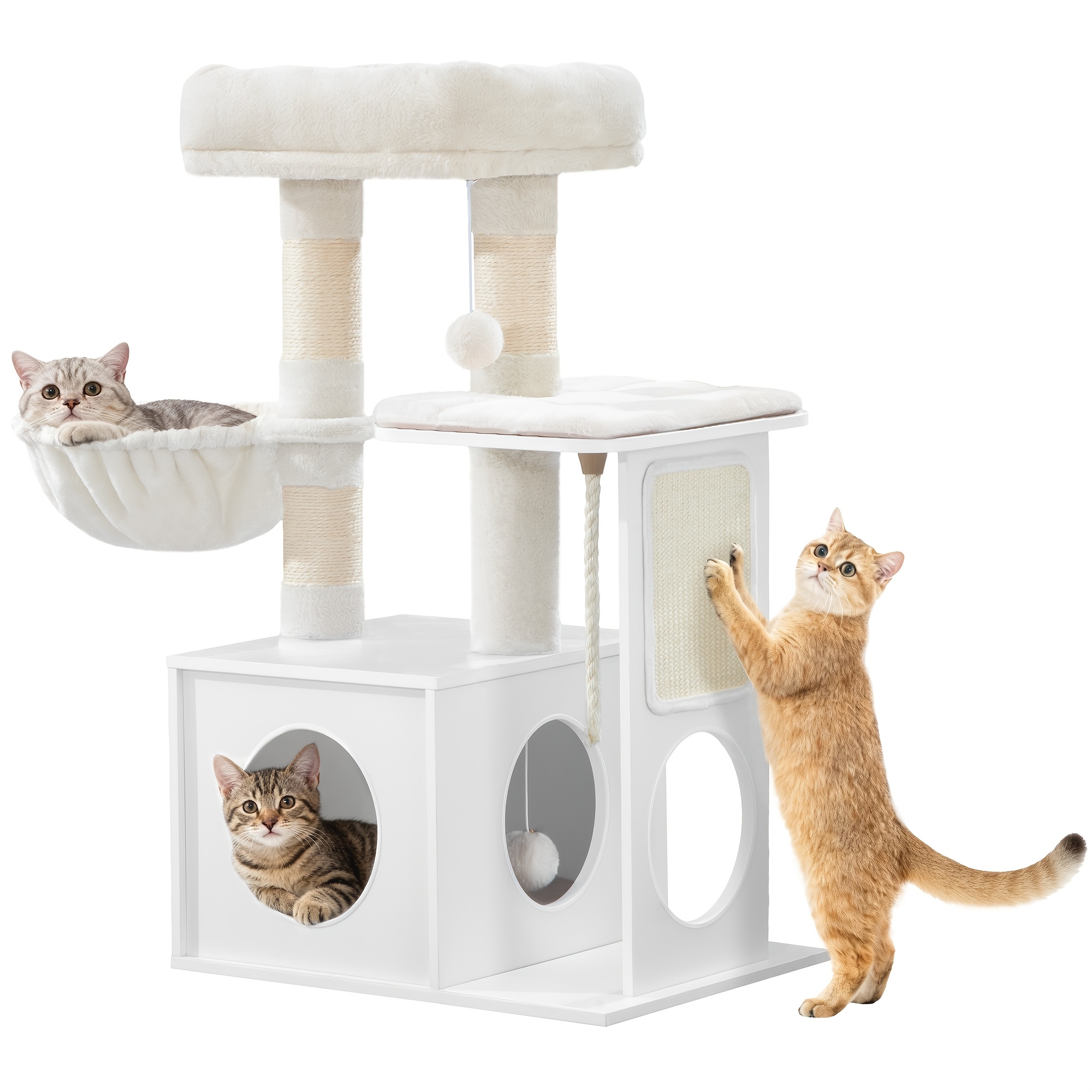 Cat Tree, Modern Cat Tree, 85cm Tall, With 3 Scratching Posts, Removable Washable Mat, 1 Cave, 2 Platforms, Sisal Rope, 1 Basket, Pom-poms