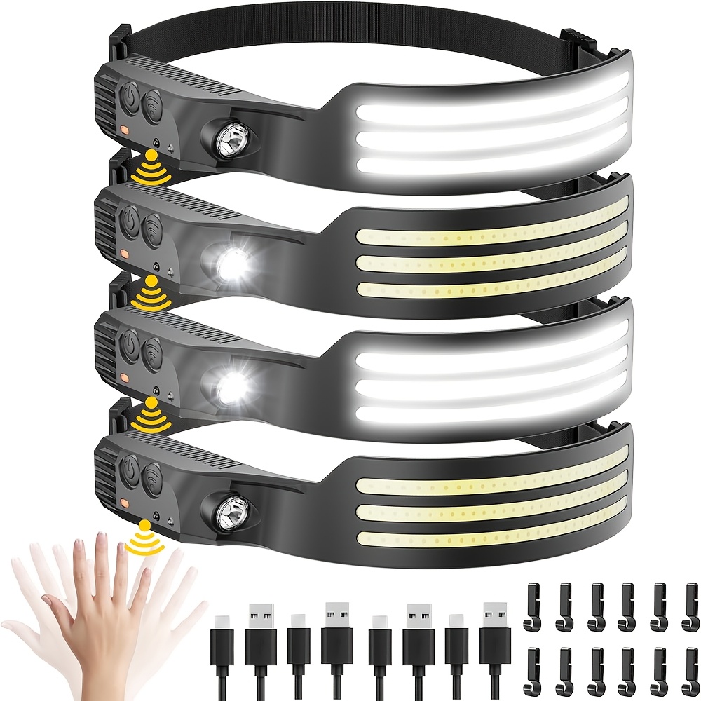 E-shop 4er-Pack Wiederaufladbare LED-Stirnlampen, Bewegungssensor 230° COB Stirnlampe, Stirnlicht, Helmlicht für Erwachsene, LED-Kopfband-Taschenlampe,