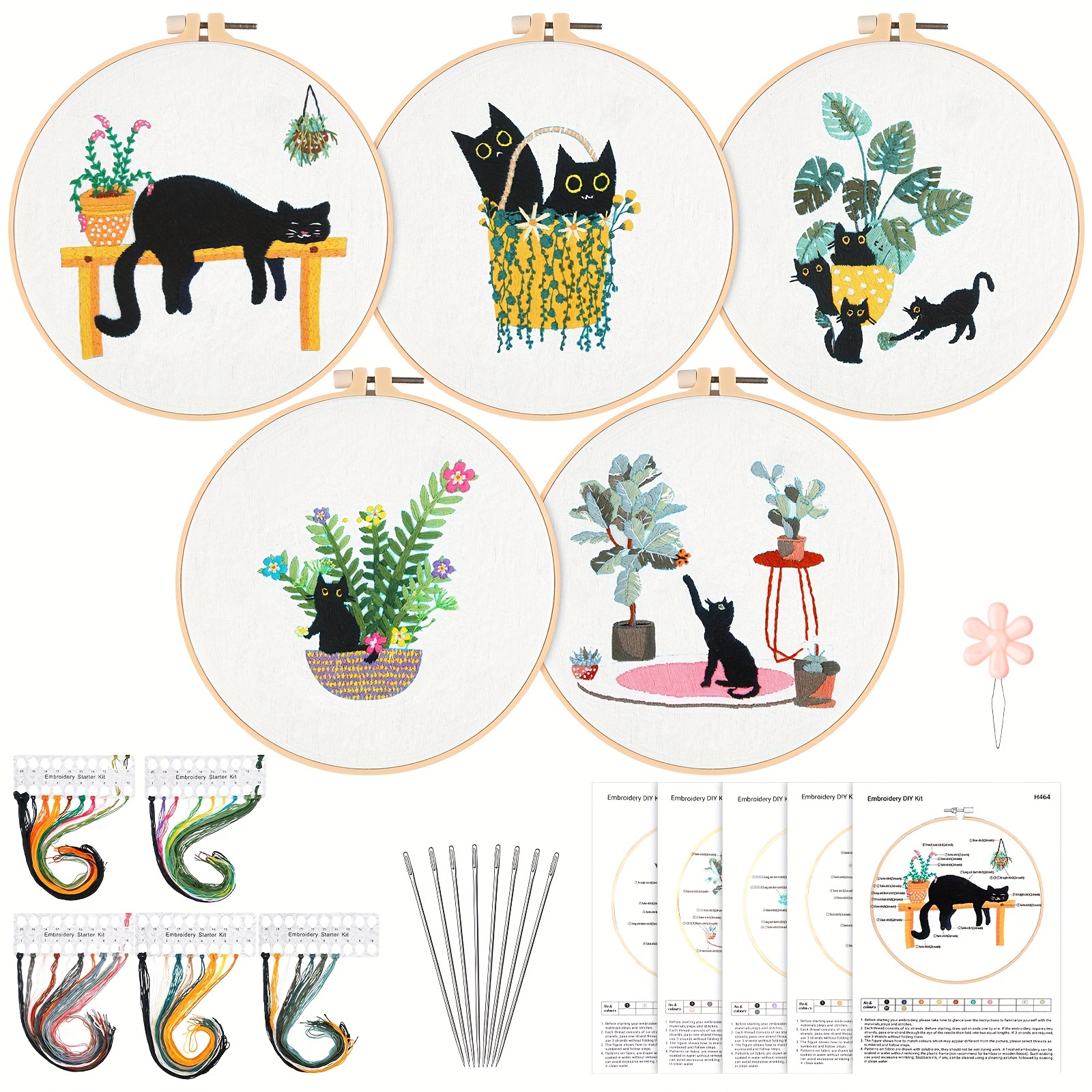 

5 Pcs Black Cat Embroidery Kit For Beginners Diy Adult Beginner Embroidery Kits With Patterns Instructions Include Embroidery Hoops Needlepoint Needles Threads For Adults Art Starter