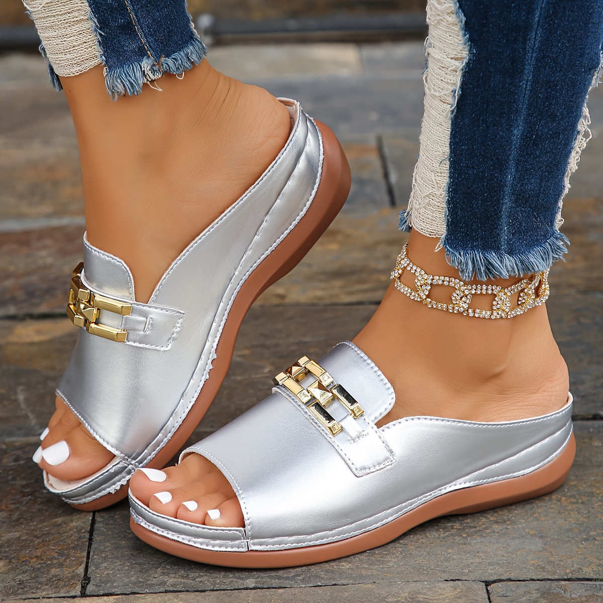sand   de   com decora o de corrente para mulheres sapatos casuais de plataforma de dedo   sand   confort   de enfiar 35 corrente   de metal prateado 11