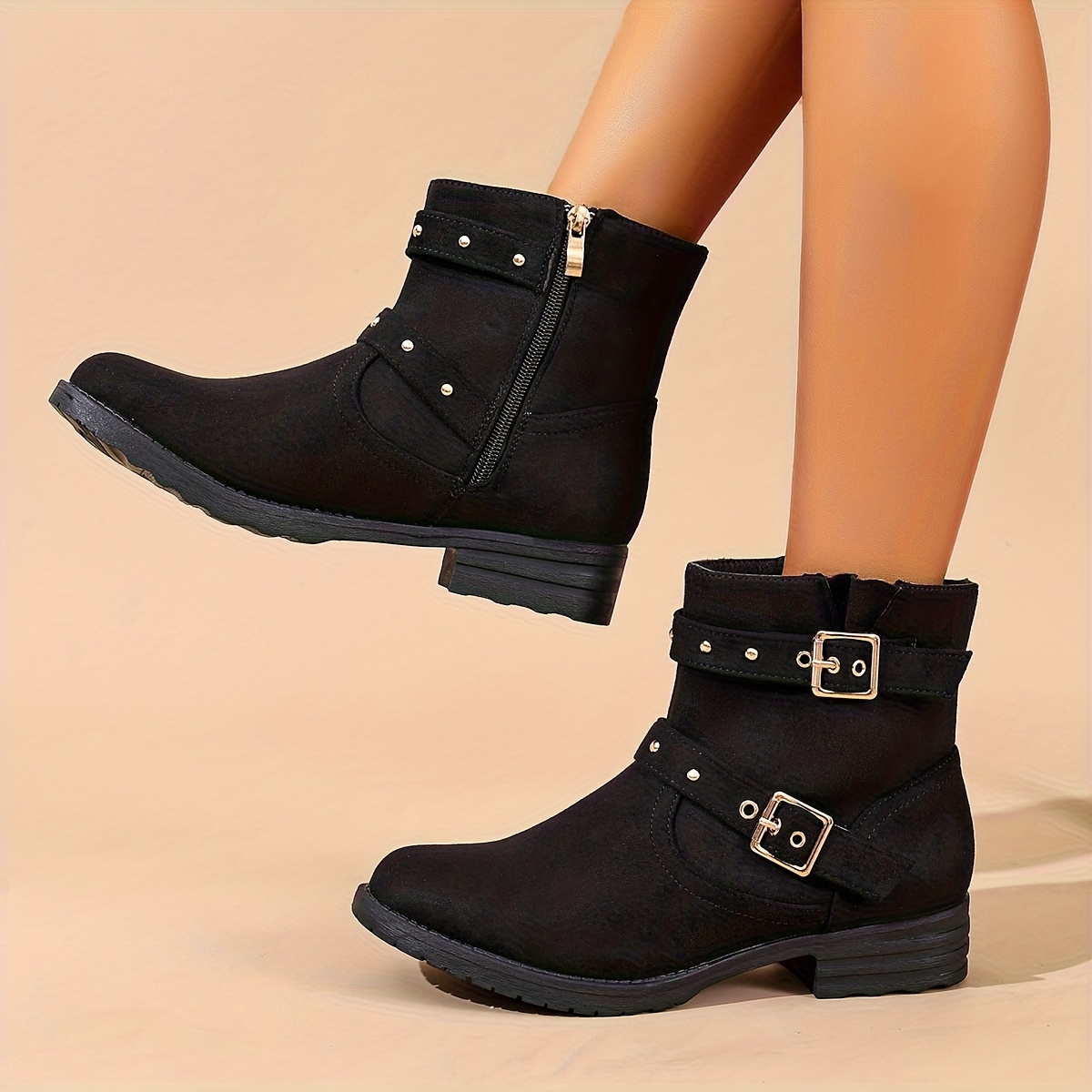TEMU Double Golden Rivet Decorative Belt Inside Zipper Low Boots Simple And Versatile Elegant And Comfortable Fashion Women's Boots., Women Shoes
