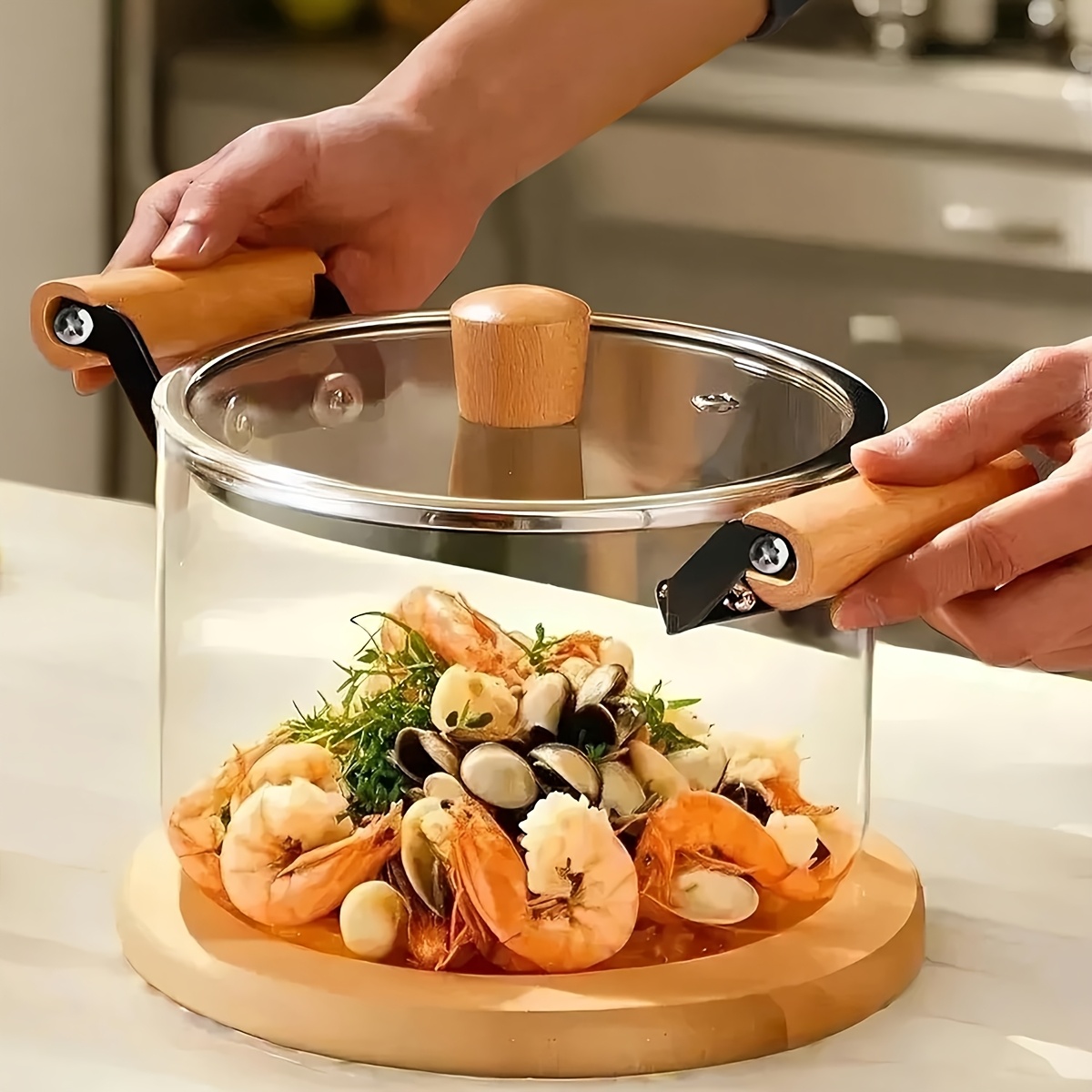 Image of 1pc Clear Glass Pot With Wooden Handle, Large Capacity, Suitable For Stovetop Slow Cooking, Transparent Lid For Boiling, Heat-resistant, Easy To Clean, Kitchen Cooking Tools, Stew