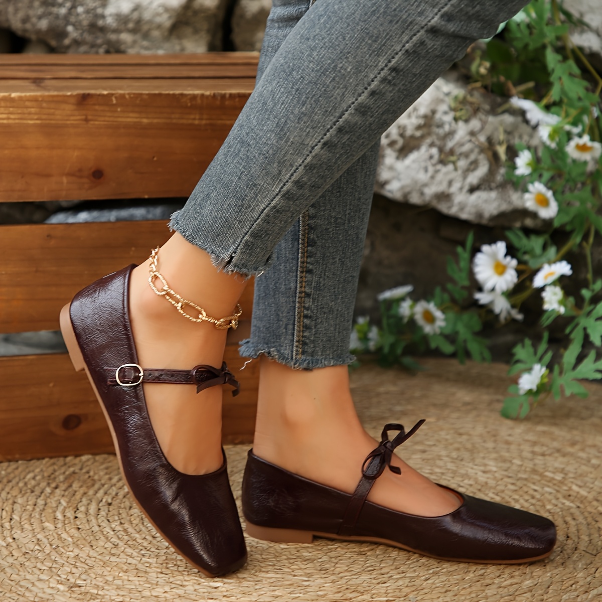 TEMU Chaussures pour femmes à bout rond Mary Jane rétro carré, semelle souple, coupe basse, nœud décontracté, idéales pour les quotidiens