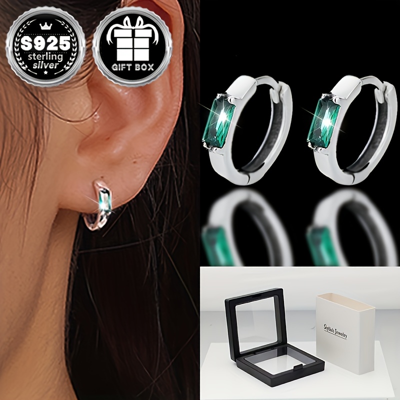 

2pcs Pure Silvery Low Sensitivity Simple Inlaid Small Square Green Synthetic Zirconia Ear Temperament Versatile Elegant Earrings For Men And Women . 1.9g