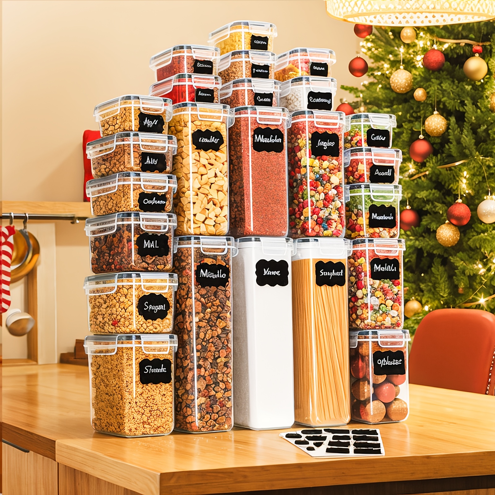 Image of 24 Pack Airtight Food Storage Containers With Lids For Kitchen Pantry Organization And Storage, Plastic Canister Set For Cereal, Pasta, Flour And Sugar, Labels And Marker