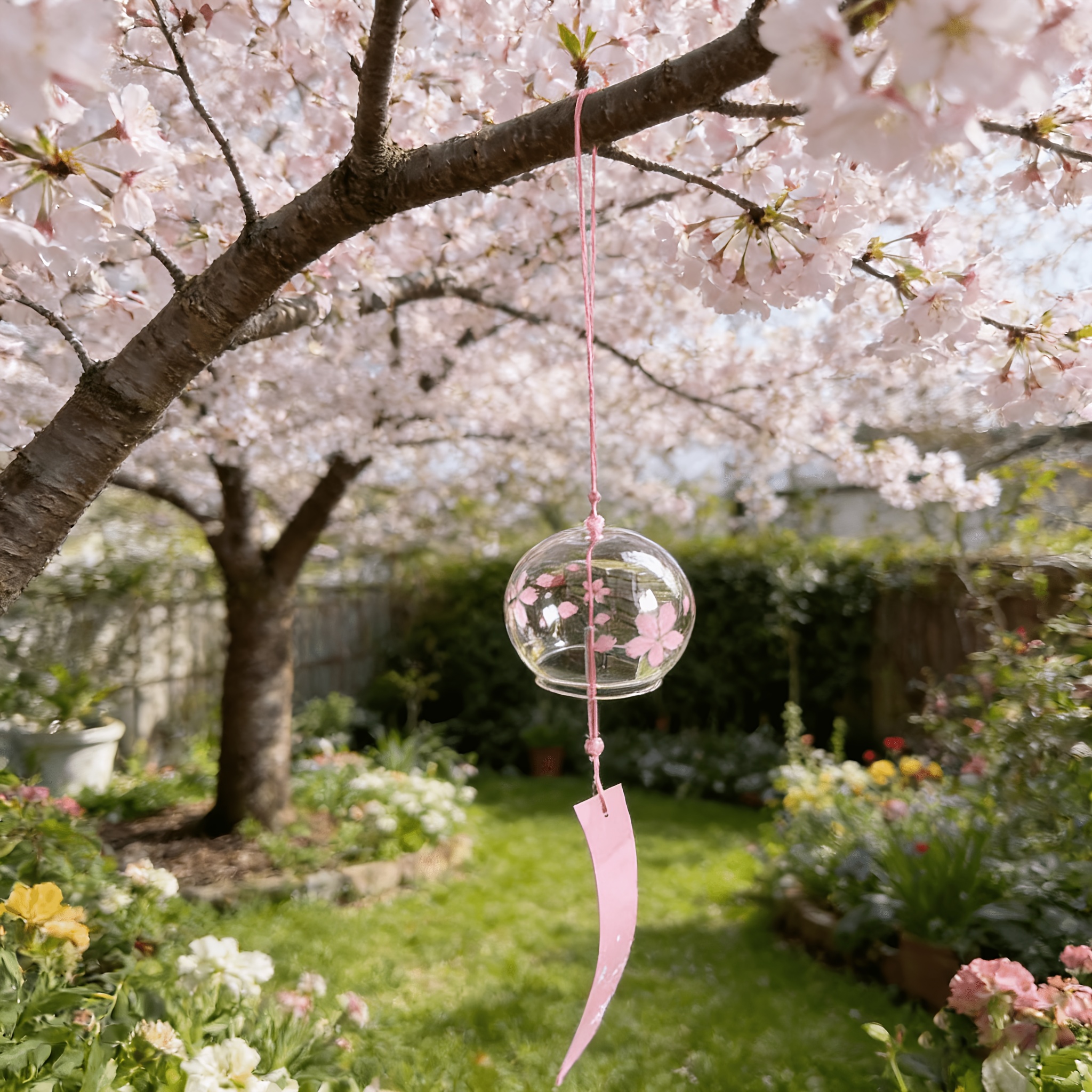 TEMU A Cherry Glass Wind Chime With A Hanging Wish Tag Below. When The Wind Blows, , The Glass Sphere To Produce Sound. Written With Or Wishes, Hung