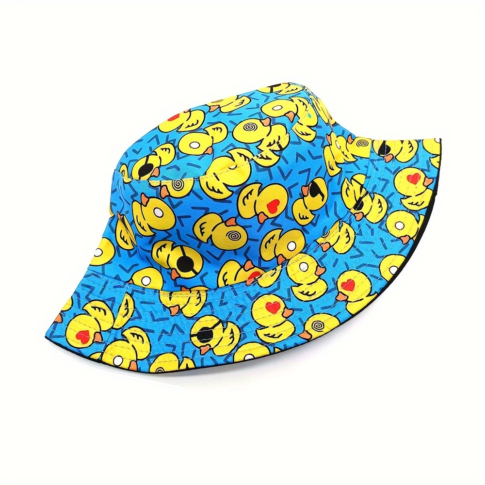 

Cool Cute Funny Cartoon Bucket Hat, Yellow Duck Full Print Blue Fisherman Hat, Sun Hat For Casual Leisure Outdoor Sports, Beach Party