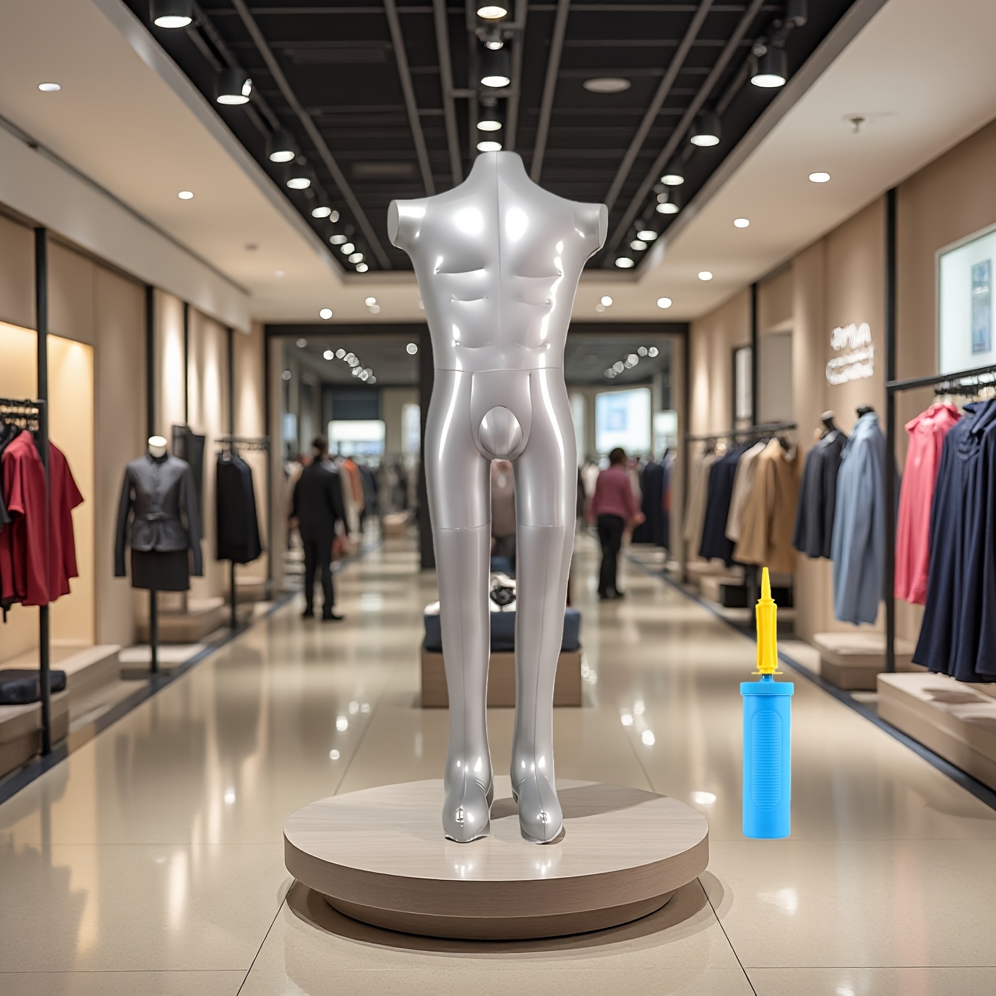 an inflatable full body costume model for men without head and hands including a manual pump