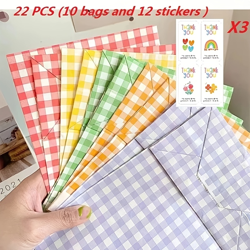 TEMU 22pcs Korean Plaid Paper Bag Set, Including 10 Bags And 12 Sealing Stickers, Sticker Size ., Bag Size Is 9*5.9 Inches, Very Suitable For