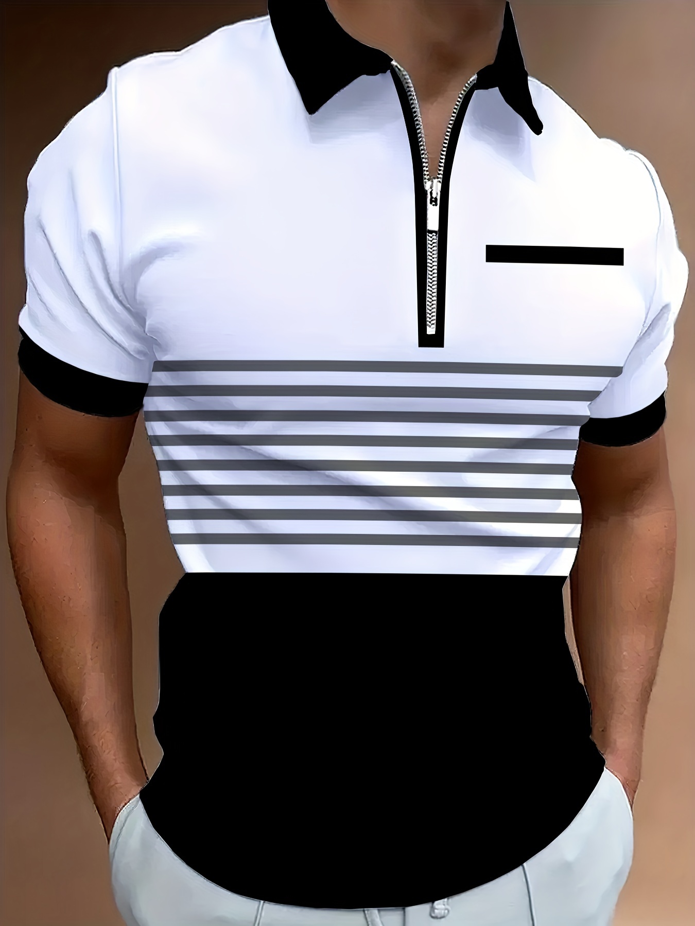 Men's Color Blocking Stripes Print Golf Shirt for Summer, Casual Stylish Short Sleeve Top As Gift, PLUS SIZE