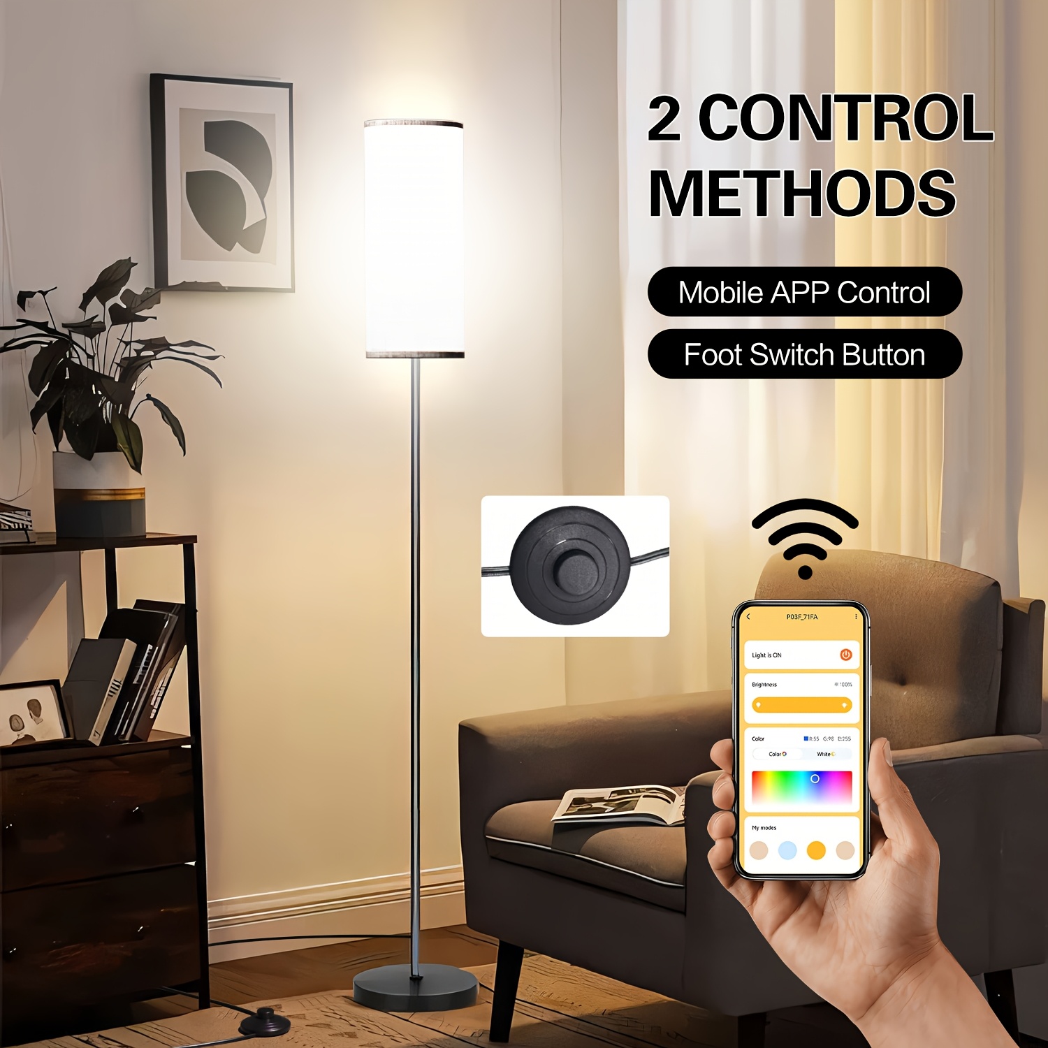 TEMU 63" Modern Wifi Lamp With Adjustable 2700k-6500k Rgb Led, Beige Lampshade, Dual App & Foot Switch Control, Metal Base & Plastic Construction For