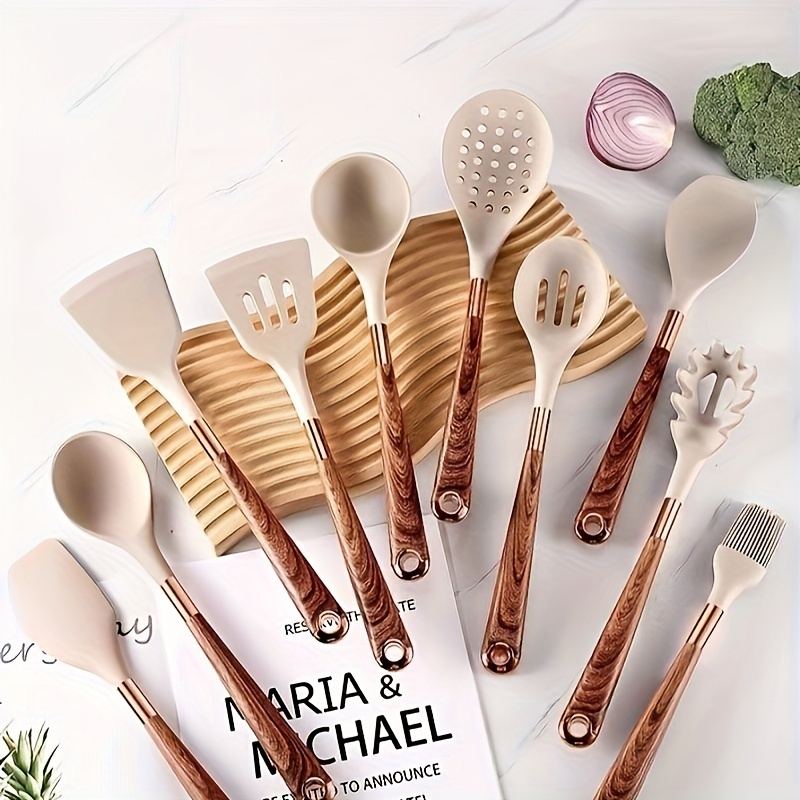 

Silica Gel Kitchenware With Wooden Handle 11-piece Set Cooking Spoon Spatula Spatula Spatula Soup Spoon Set With Receiving Bucket Household Non-stick Pot Set