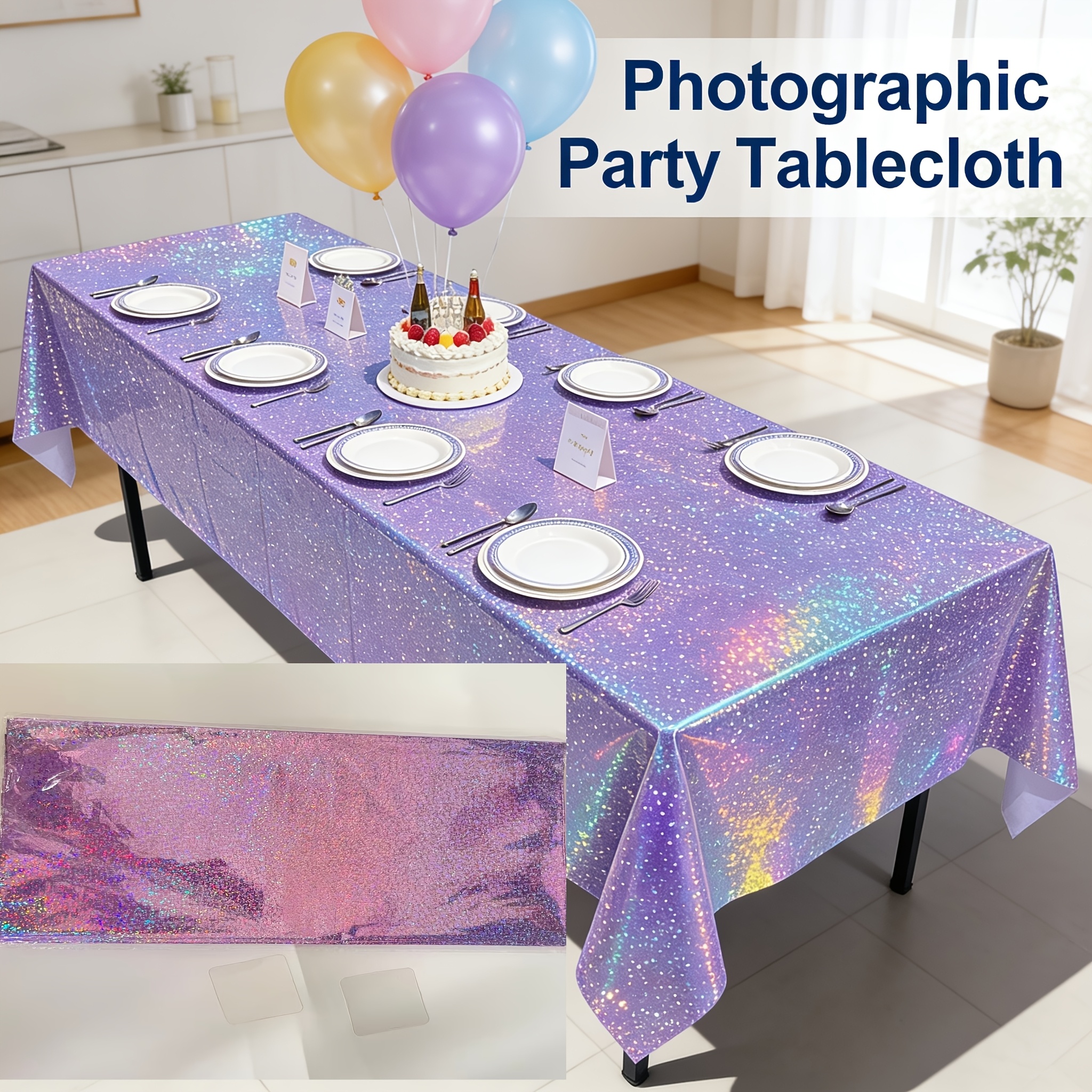TEMU 3pcs Fantasy Purple Party Tablecloths (1 Tablecloth 2 Fixed Stickers), Suitable For Christmas, Halloween, Parties, Shiny Laser Rectangular