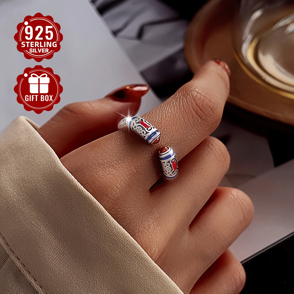 S925 Silver Retro Red Agate Heart Sutra Open Ring