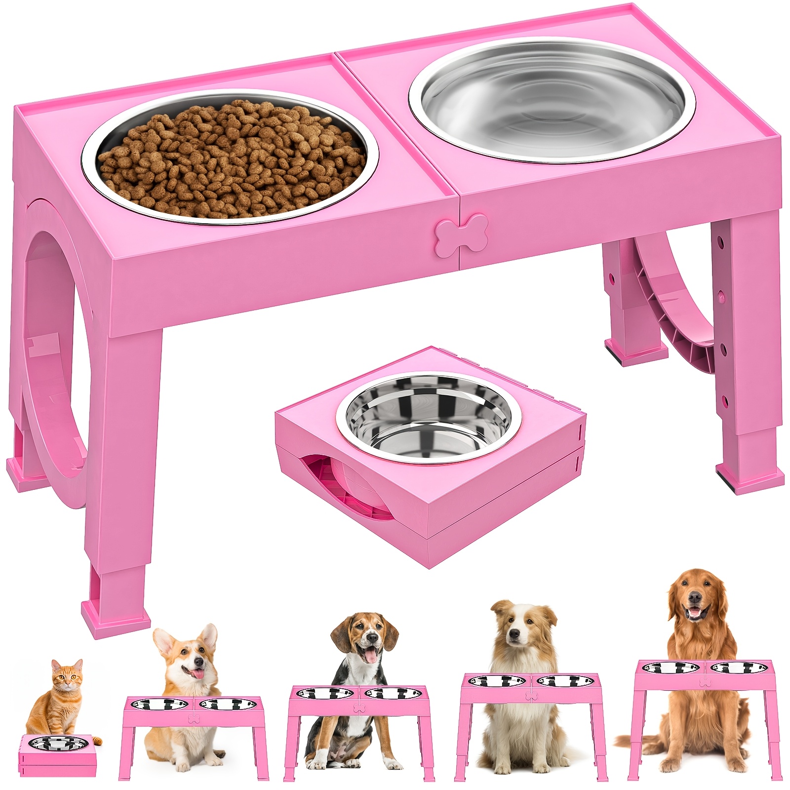 

Elevated Dog Bowls, Foldable Raised Dog Bowl Stand With 2 Stainless Steel Bowls, 5 Adjustable Cat Feeder Bowls, Dog Feeding Station For Medium Large Dogs, Suitable For Indoor Outdoor, Pink